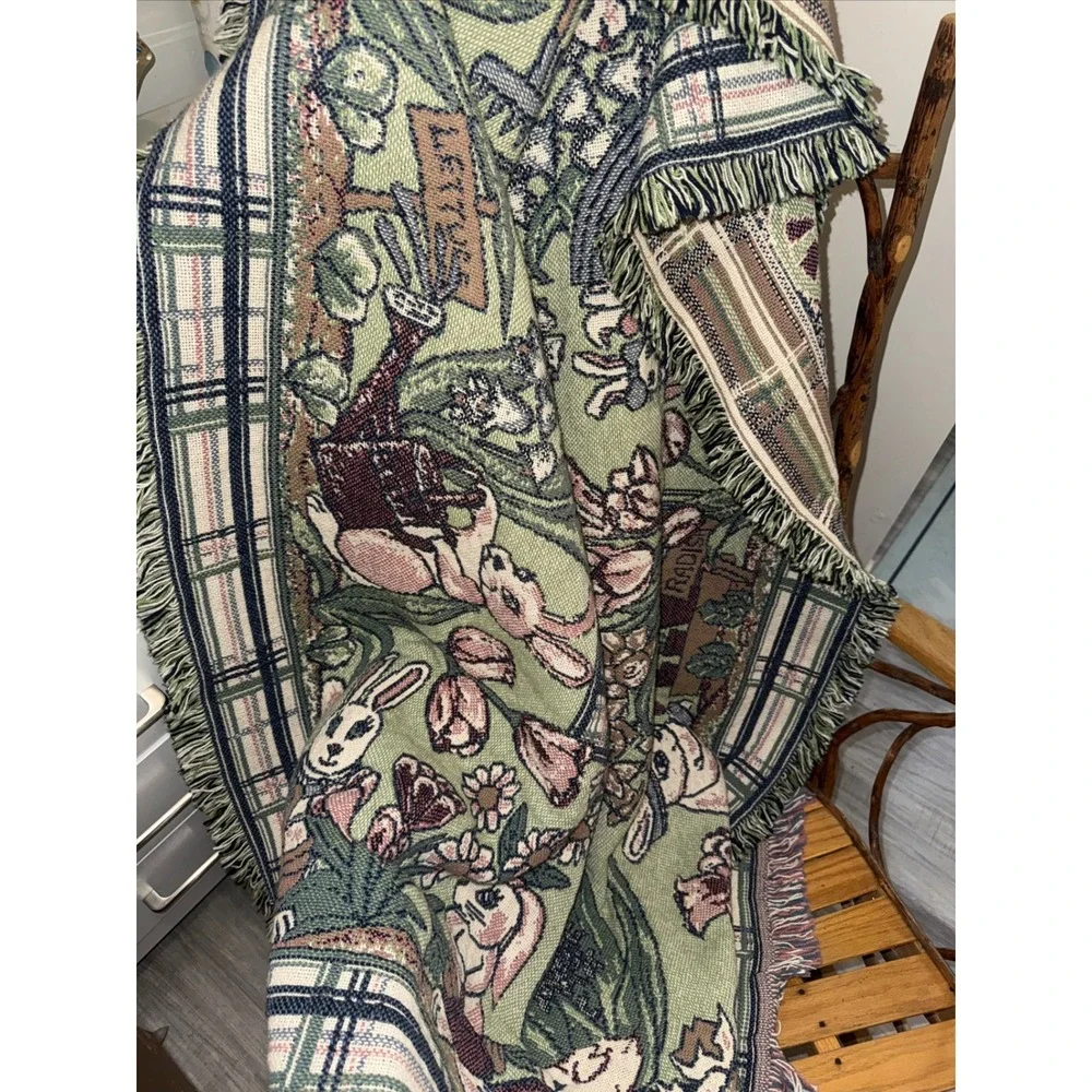 Beatrix Potter Peter Rabbit Woven Tapestry Throw Blanket Garden Sage Burgundy